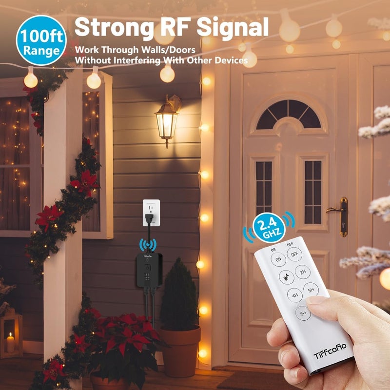 Tiffcofio Outdoor Timer Waterproof, Remote Control Dusk to Dawn Sensor Countdown, 100 ft Range, 2 Grouded Electrical Outlets for Home and Garden, 15A 1/2HP, Heavy Duty, ETL Listed (2 Packs) - Image 2